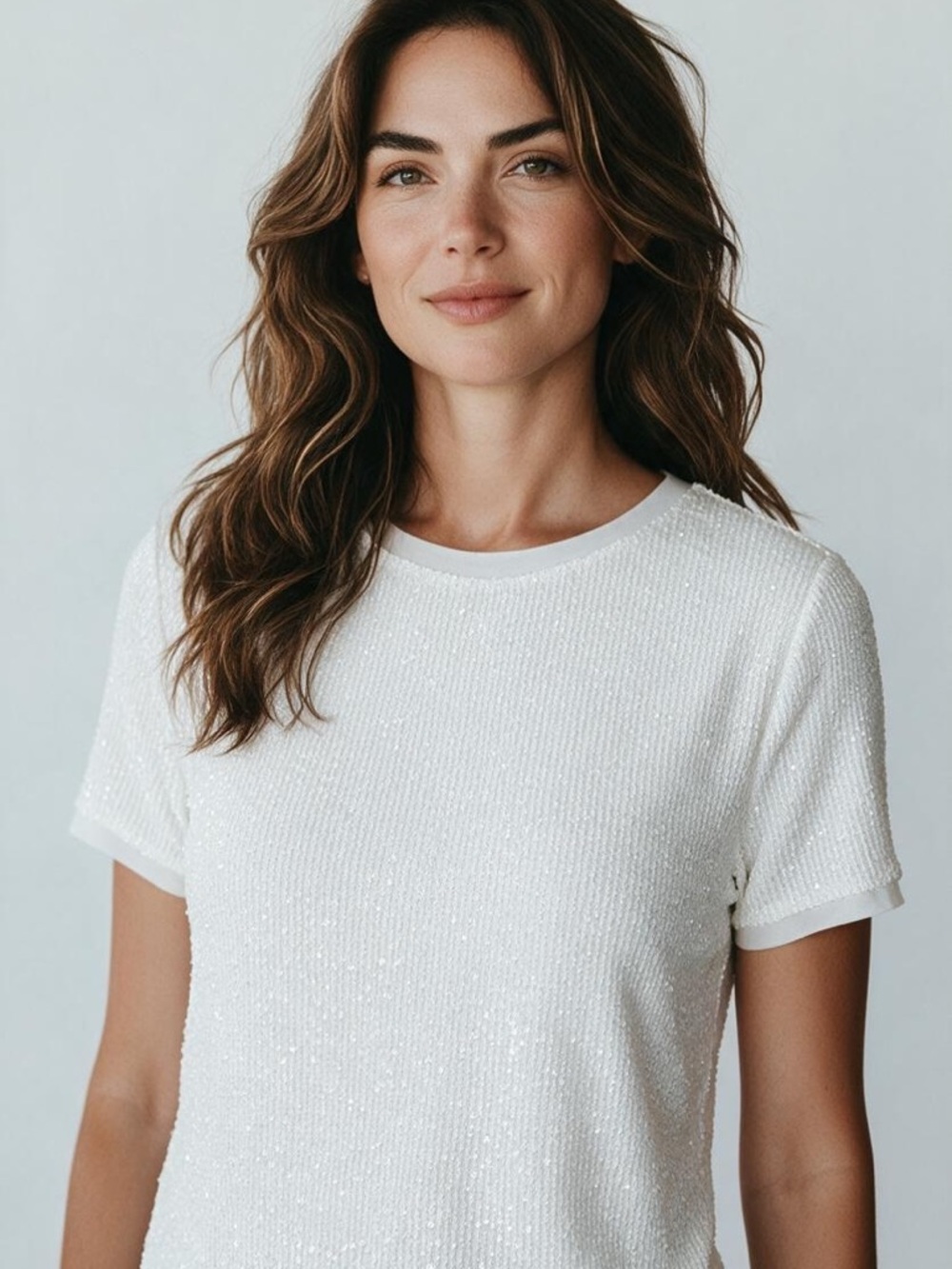 Anne Klein White Short-Sleeve Sequin Tee